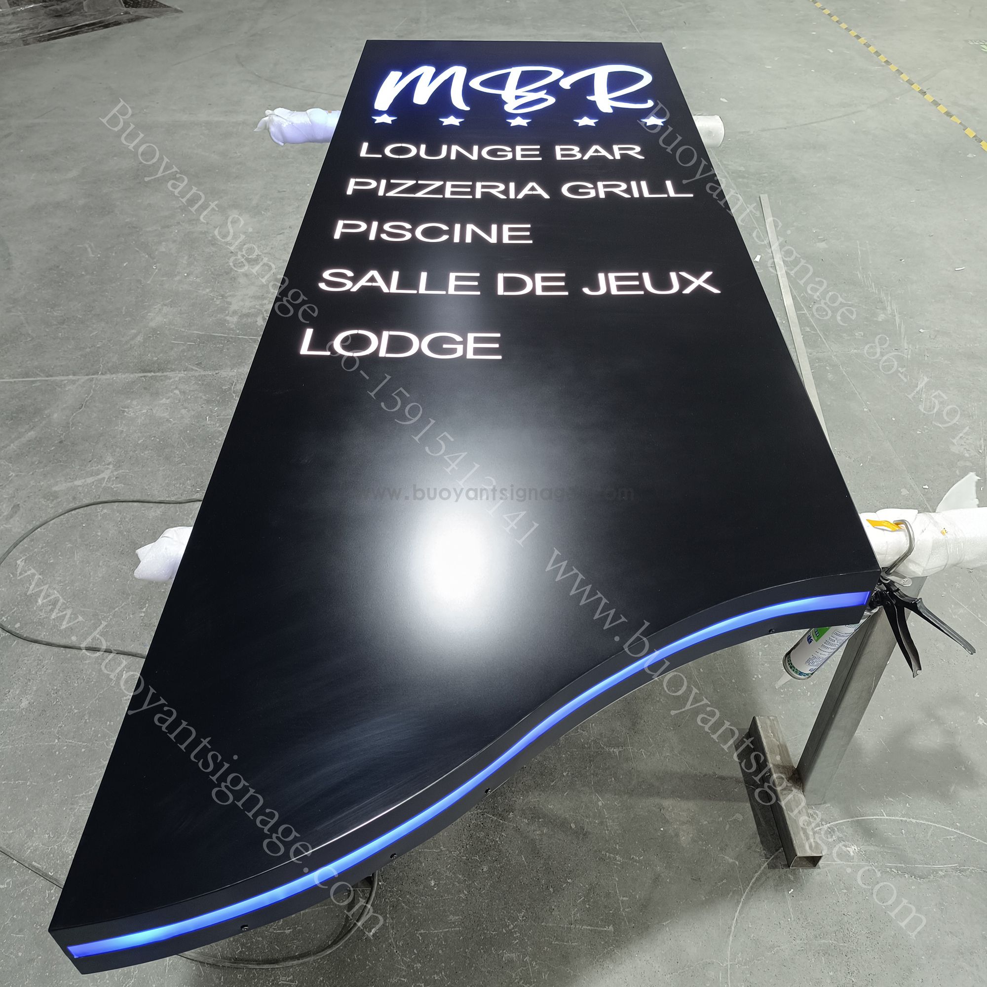 Custom LED Wayfinding Sign with Illuminated Text and Blue Edge Lighting